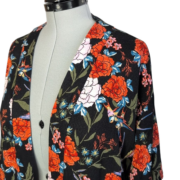 Gibson Latimer Black Floral Bird Print Kimono Duster Cardigan Cover Up Womens XL - Picture 7 of 8